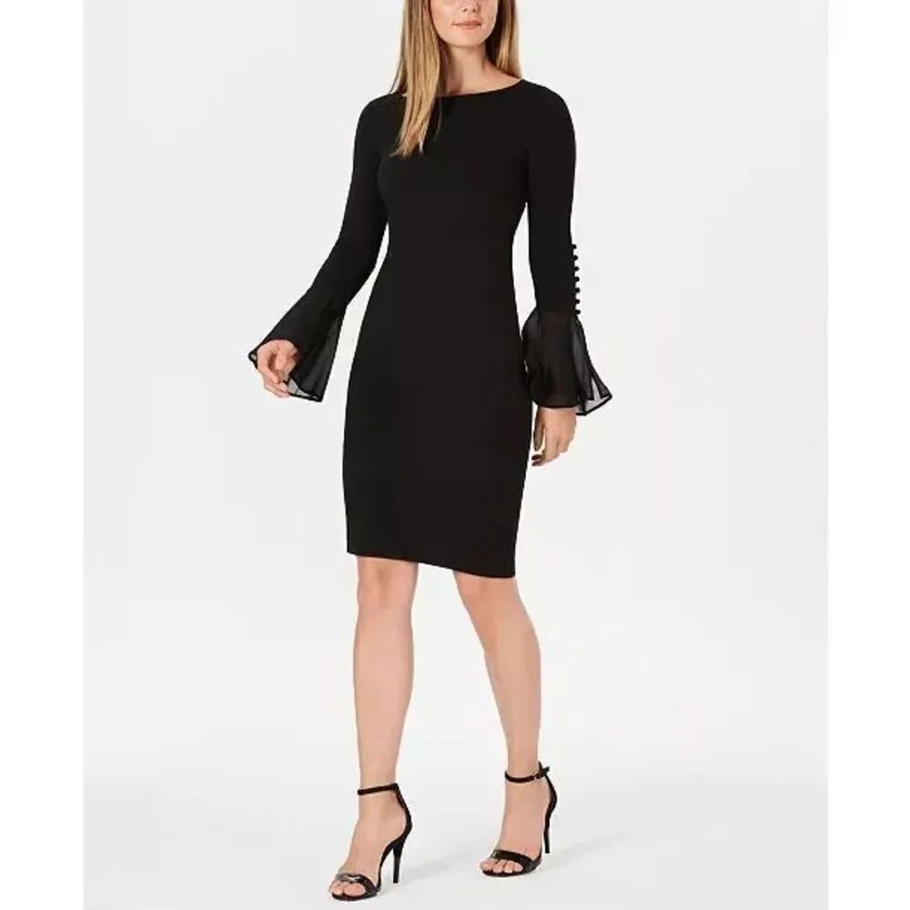 Calvin Klein Chiffon Bell-Sleeve Sheath Dress black size 4 new